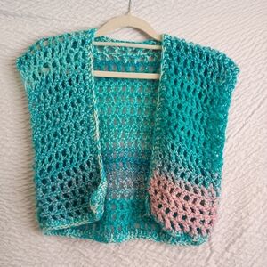 Handmade Teal and Pink Crochet Sweater Vest XS